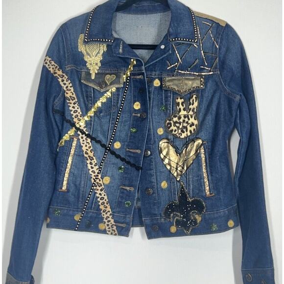 New Orleans Saints Fan Upcycled Denim Jacket Bling Handmade Designer Original - Picture 1 of 8